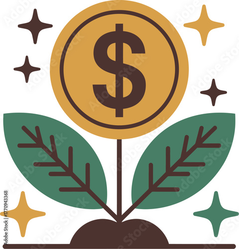 A dollar coin grows like a plant from the earth, symbolizing financial growth and investment success.