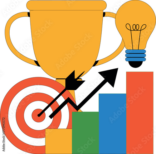 A trophy, target, lightbulb, and bar graph symbolize success, innovation, and growth.