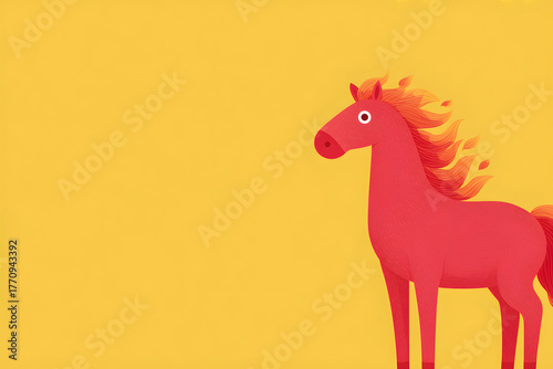 Pink horse with flowing mane facing right. Cartoon animal illustration with blank copy space. Cute equine character design for children book.