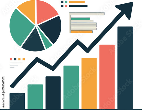 Financial growth and analytics are visualized with a rising bar chart and pie chart.