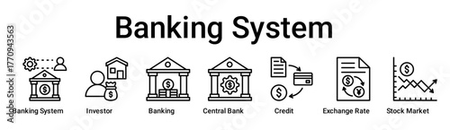 Banking System banner web icon vector illustration concept for business with icon of Banking System, Investor, Banking, Central Bank, Credit, Exchange Rate, Stock.