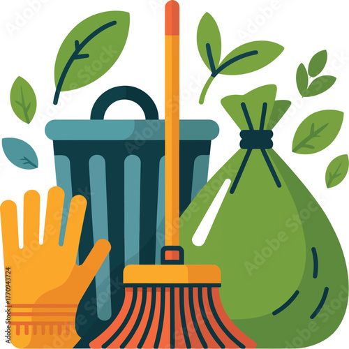 Cleaning supplies like a broom, trash bag, and gloves are ready for tidying up.