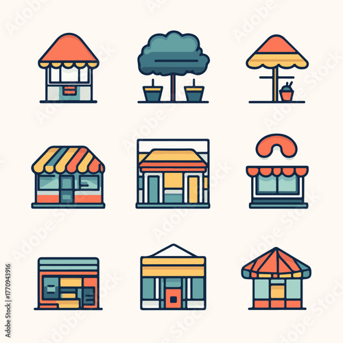 Collection of colorful cartoon-style icons representing various small shops and kiosks, perfect for illustrating business, commerce, and urban scenes