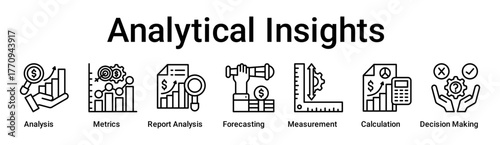 Analytical Insights banner web icon vector illustration concept for business with icon of Analysis, Metrics, Report Analysis, Forecasting, Measurement, Calculation, Decision.