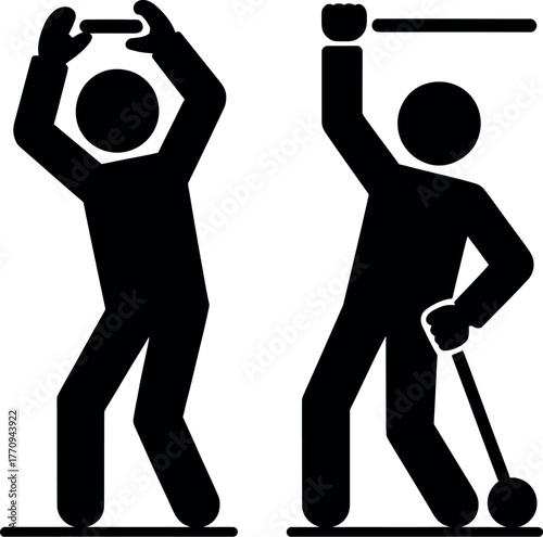 Two stylized figures performing athletic activities with sticks in an abstract setting.