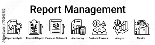Report Management banner web icon vector illustration concept for business with icon of Report Analysis, Financial Report, Financial Statement, Accounting, Cost and Revenue, Analysis.