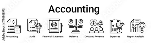 Accounting banner web icon vector illustration concept for business with icon of Accounting, Audit, Financial Statement, Balance, Cost And Revenue, Expenses, Report Analysis.