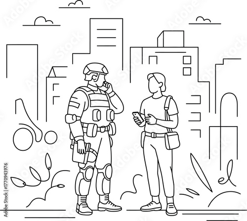 A soldier in tactical gear speaks with a civilian holding a smartphone in a city.