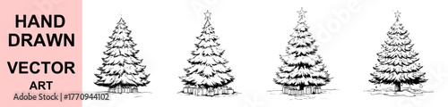 Hand drawn decorated Christmas tree vector illustration, festive holiday pine with gifts and star, black and white doodle art for winter celebration, greeting cards and seasonal design