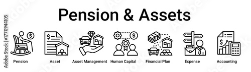 Pension & Assets banner web icon vector illustration concept for business with icon of Pension, Asset, Asset Management, Human Capital, Financial Plan, Expense.