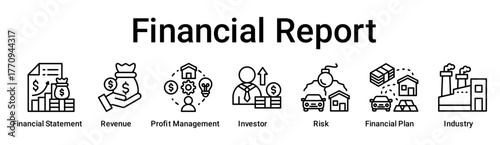 Financial Report banner web icon vector illustration concept for business with icon of Financial Statement, Revenue, Profit Management, Investor, Risk, Financial Plan.