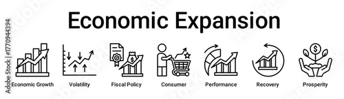 Economic Expansion banner web icon vector illustration concept for business with icon of Economic Growth, Volatility, Fiscal Policy, Consumer, Business Performance, Recovery.