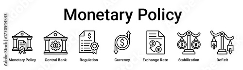 Monetary Policy banner web icon vector illustration concept for business with icon of Monetary Policy, Central Bank, Regulation, Currency, Exchange Rate, Stabilization.