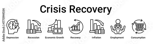 Crisis Recovery banner web icon vector illustration concept for business with icon of Depression, Recession, Economic Growth, Recovery, Inflation, Employment.