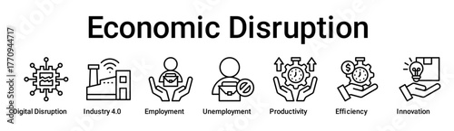Economic Disruption banner web icon vector illustration concept for business with icon of Digital Disruption, Industry 4.0, Employment, Unemployment, Productivity, Efficiency.