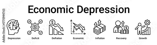 Economic Depression banner web icon vector illustration concept for business with icon of Depression, Deficit, Deflation, Economic, Inflation, Recovery.