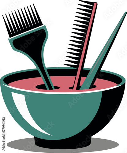 A bowl of hair dye with application tools for coloring hair