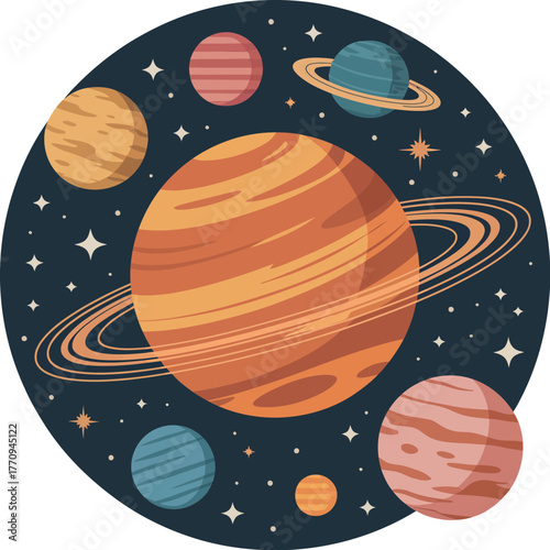 A vibrant illustration depicts a collection of planets and stars within a dark, cosmic expanse.