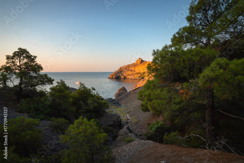 Rock and sea at sunset, yacht near the shore and green pines