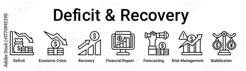 Deficit & Recovery banner web icon vector illustration concept for business with icon of Deficit, Economic Crisis, Recovery, Financial Report, Forecasting, Risk Management.