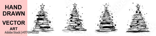 Hand drawn Christmas tree made of books vector illustration, creative holiday book tree sketch with decorations and star, black and white festive doodle art for winter design