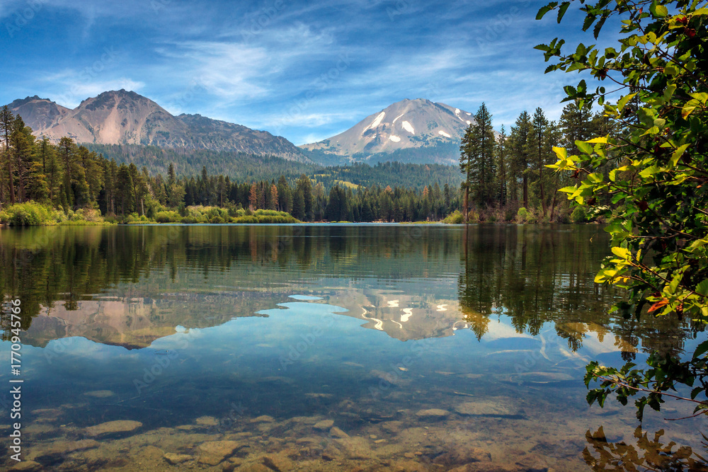 Fototapeta premium Snow Capped Mount Lassen From Manzanita Lake with Pine Trees and a Reflection