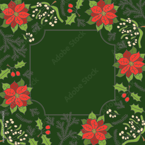 Christmas wreath or frame made of fir branches with poinsettia.