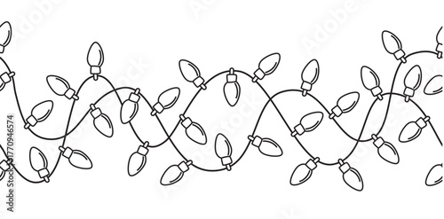 Seamless black and white pattern with festive lights. Christmas horizontal border with garland in doodle style