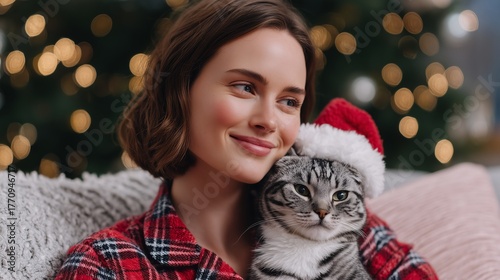 Woman with shoulder-length auburn hair wearing a cozy plaid shirt, smiling while holding a cat adorned with a festive Santa hat, surrounded by warm holiday lights