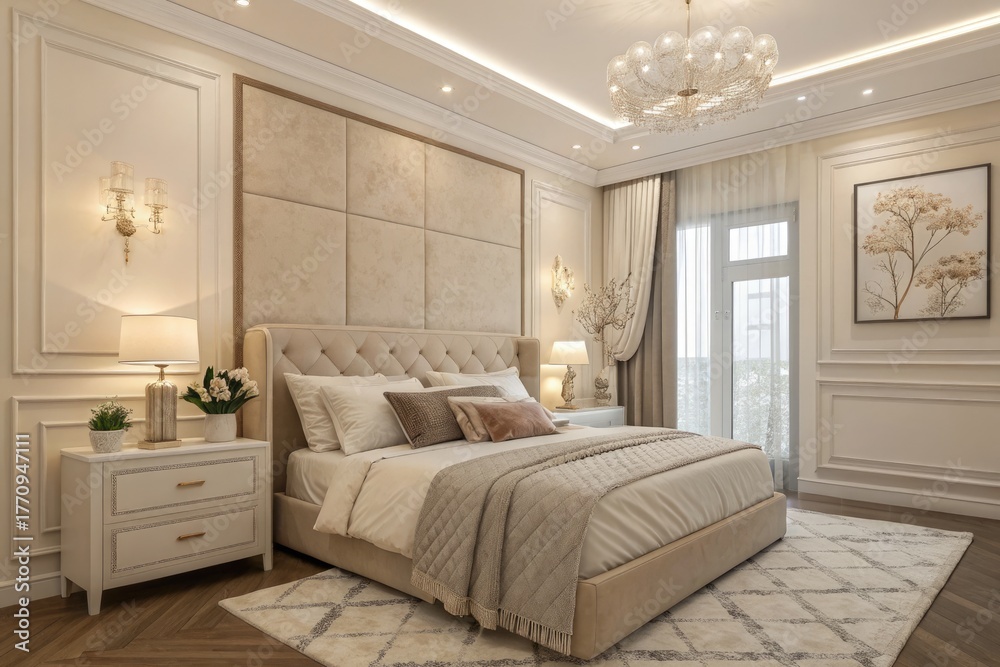 Fototapeta premium Modern and Elegant Bedroom Design With Soft Lighting and Minimal Decor
