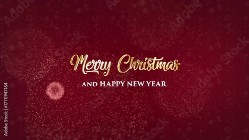 Merry Christmas and Happy New Year Golden Fireworks Greeting on Red 4K