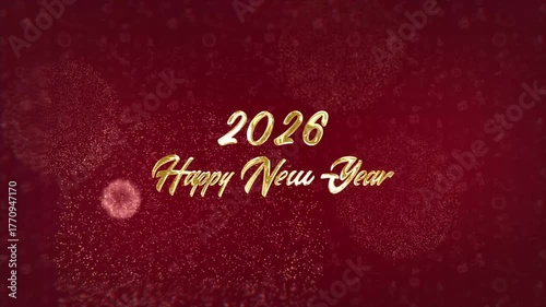 Happy New Year 2026 Golden Fireworks Greeting on Red Background 4K