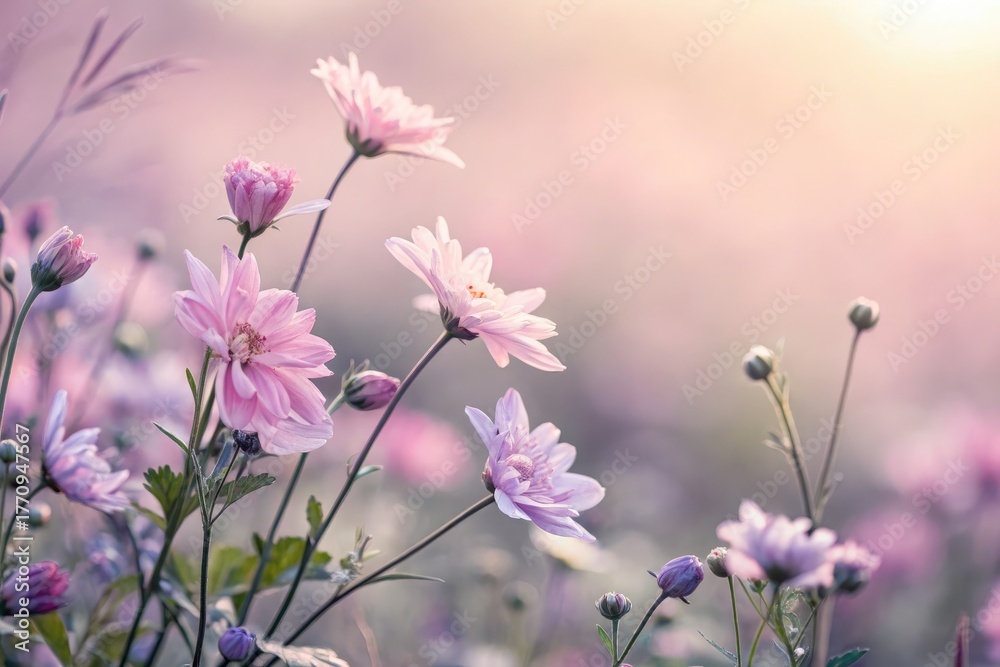 Fototapeta premium Delicate Pink Flowers Blooming in a Serene Garden During Sunset