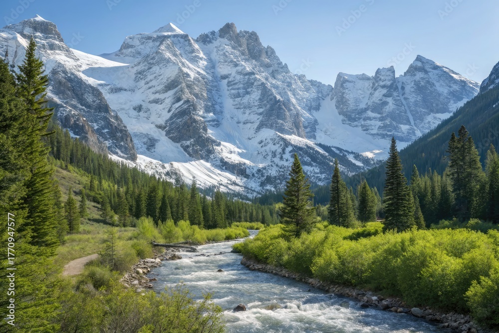 Fototapeta premium Majestic Mountains Rise Above a Tranquil River Under a Clear Blue Sky