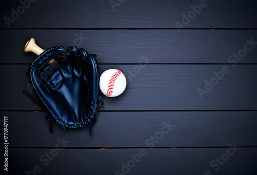 baseball glove and ball on dark wooden background