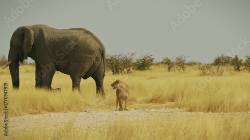 Elephant and lioness - Panthera leo king of animals, biggest african cat in Etosha in Namibia Africa, looking back to the big elephant walking in the background in the yellow dry grassland.