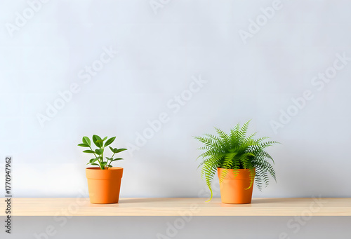 minimalist home decor with two potted plants on white shelf 