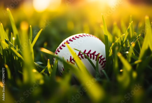  baseball in green grass with warm sun flare 