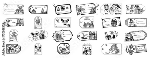 Christmas gift tag templates set – hand‑drawn vintage labels collection for presents