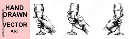 Realistic hand holding wine glass vector illustration in vintage sketch style, elegant detailed artwork perfect for bar design, celebration posters, drinks menu, and luxury branding.