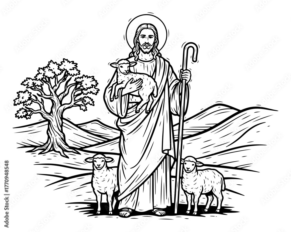 Obraz premium Good Shepherd Jesus holding lamb with sheep in pasture – biblical illustration