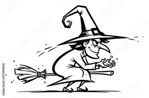 Cartoon witch flying on broom casting spell – dynamic Halloween character illustration