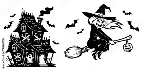 Haunted house and flying witch with pumpkin lantern – Halloween scene illustration