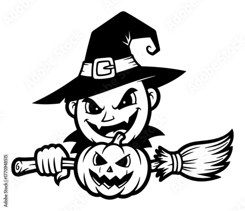 Mischievous witch boy holding pumpkin and broom – Halloween mascot illustration