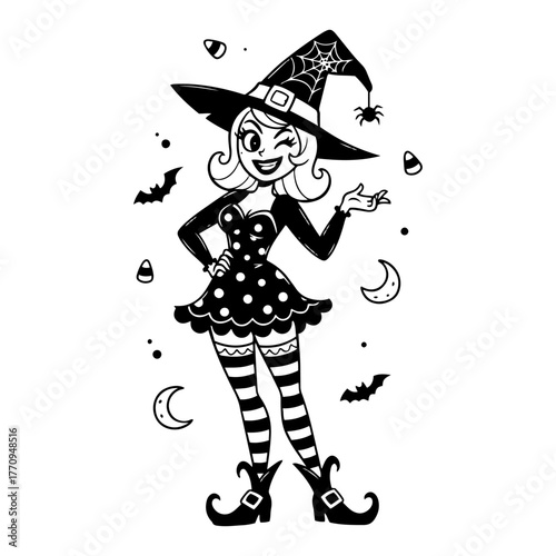 Cute winking witch girl with spiderweb hat and bats – playful Halloween illustration