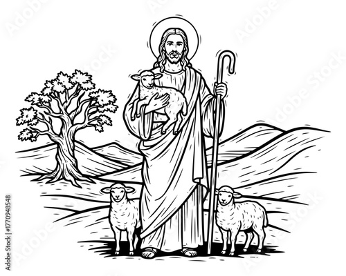 Good Shepherd Jesus holding lamb with sheep in pasture – biblical illustration