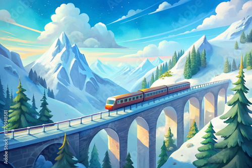 Scenic train crossing high bridge through snowy mountains under cloudy sky