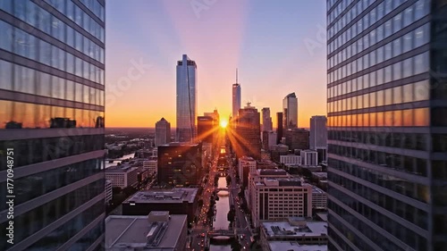 Cityscape at sunrise buildings reflecting sunlight urban structures and modern architecture