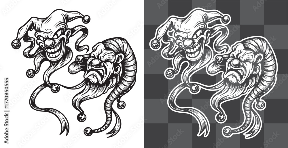 Fototapeta premium Twin Demonic Heads Vector Illustration in Vintage Tattoo Engraving Style Perfect for Posters Stickers Logos and Horror Artwork Featuring Gothic Sinister Monster Design with Tentacles and Fangs