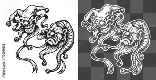 Twin Demonic Heads Vector Illustration in Vintage Tattoo Engraving Style Perfect for Posters Stickers Logos and Horror Artwork Featuring Gothic Sinister Monster Design with Tentacles and Fangs